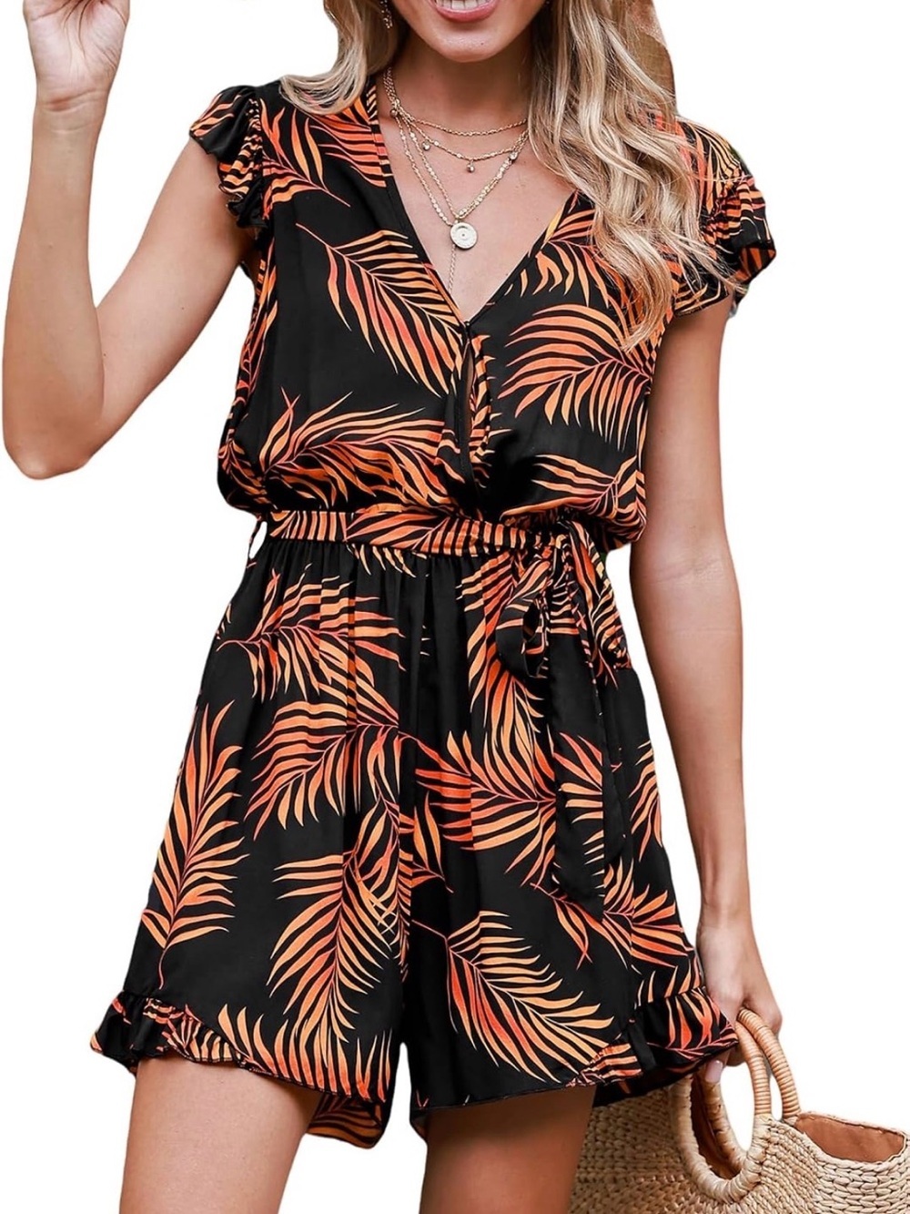 CUPSHE Women's Romper Tropical Flutter Sleeve Boho V Neck Outfit Casual Beach XS